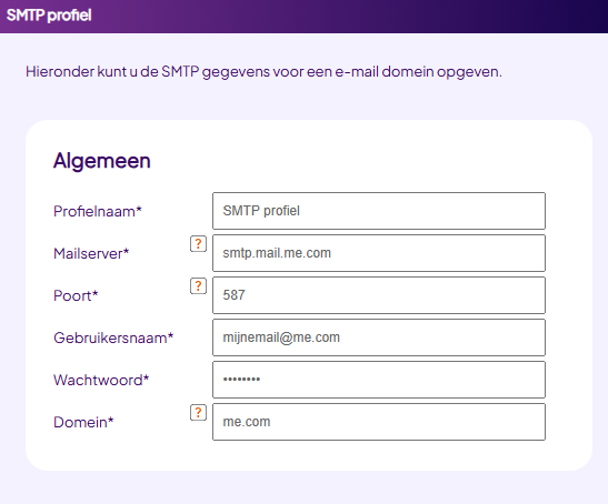 Voorbeeld van het instellen van een SMTP profiel